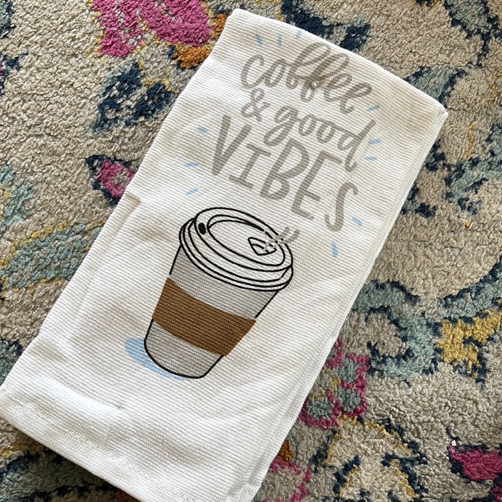 Coffee & Good Vibes White Cotton Kitchen Towels Set of 2 NWT 18x28”